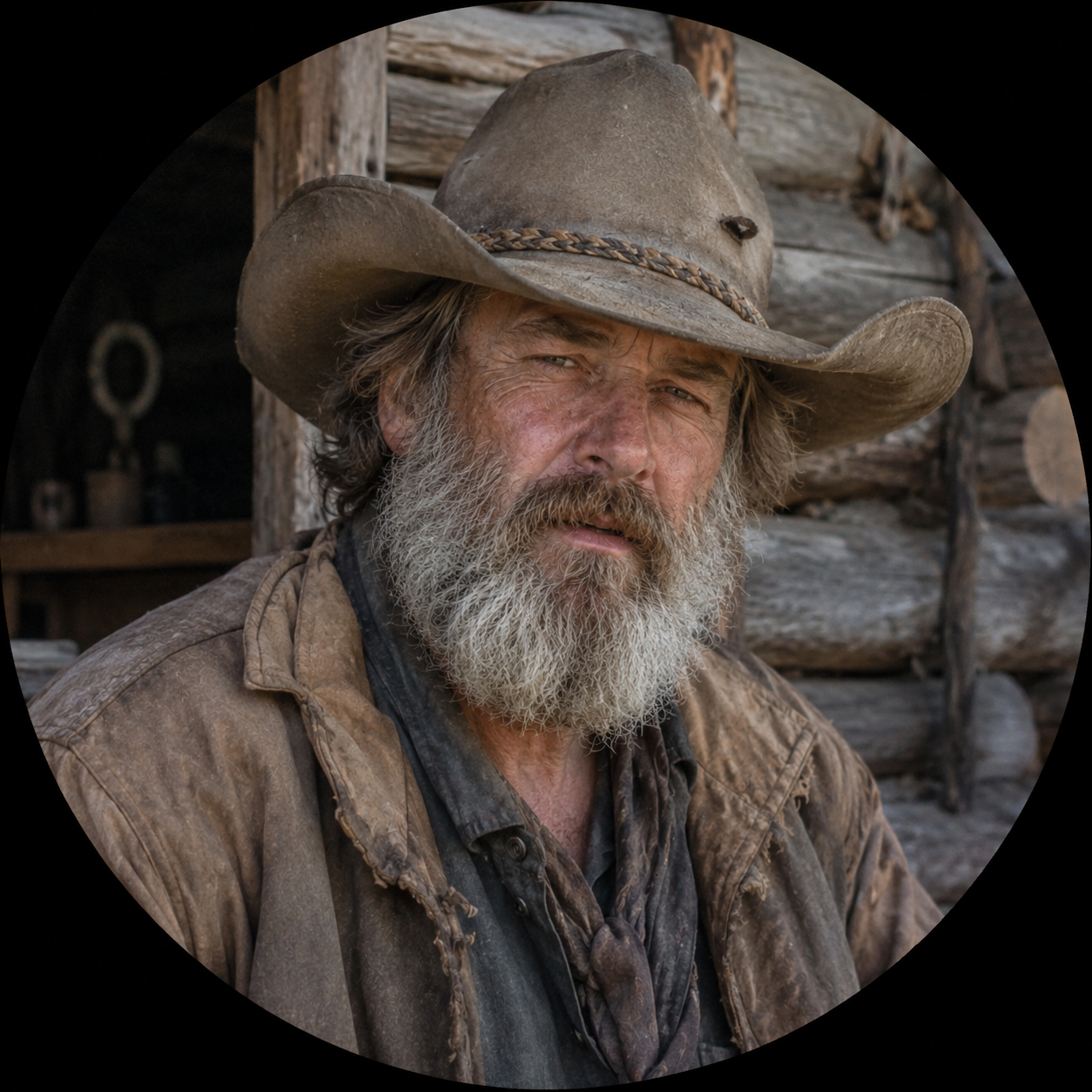 Tom Timber — weathered frontier mountain man by firelight